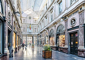 Entrance of the King`s gallery in the Saint-Hubert Royal Galleries in Brussels, Belgium