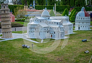 BRUSSELS, BELGIUM - 17 April 2017: Miniatures at the park Mini-Europe - reproduction of the leaning tower of Pisa and Piazza del