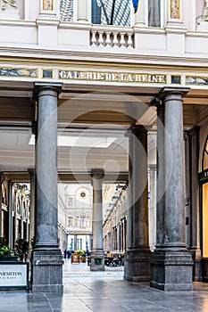 Beginning of the Queen`s gallery in the Saint-Hubert Royal Galleries in Brussels, Belgium