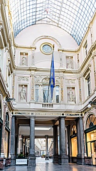 Beginning of the Queen`s gallery in the Saint-Hubert Royal Galleries in Brussels, Belgium