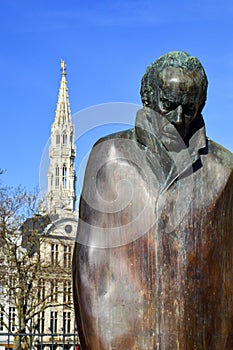 Statue of Hungarian composer and pianist Bela Bartok at Place d`Espagne Spanish Square near Grand Place in Brussels, Belgium