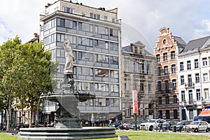 Brussels, Belgium - August 2019: Place Rouppe square in Brussels, Belgium. View on Fontein van het Rouppeplein, La Fontaine Roupp