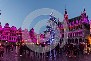 BRUSSELS, BELGIUM - DECEMBER 17, 2018: Evening view of the Grand Place (Grote Markt) with a christmas tree and