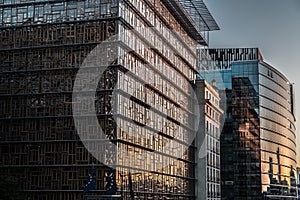 Facade of the European council in Brussels downtown at dusk