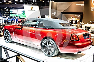 Red Rolls-Royce Dawn, Brussels Motor Show, British handmade 4 seat luxury convertible manufactured by Rolls-Royce Motor