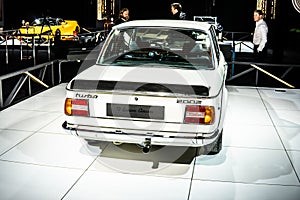 Vintage white iconic BMW 2002 Turbo 1973 Ginion Classics glossy and shiny old classic retro car at Brussels Motor Show