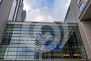 BRUSSELS, BELGIUM, June 23, 2023:European Union Flag on Modern Building Facade