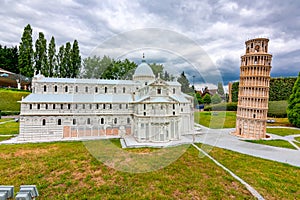 Brussels, Belgium - June 2019: Pisa Cathedral and Leaning Tower in mini Europe park