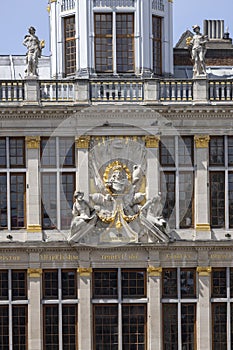 Facade of medieval tenement House of the Corporation of Bakers, The King of Spain in Grand Place, Brussels, Belgium