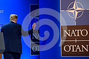 Donald Trump, President of United States of America, walking away from press conference at NATO SUMMIT 2018