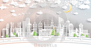 Brussels Belgium. Winter City Skyline in Paper Cut Style with Snowflakes, Moon and Neon Garland. Christmas and New Year Concept.