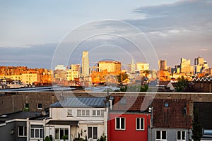 Brussels Capital Region, Belgium - Brussels skyline with regular houses and business offices during sunset