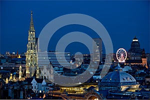 Brussels city center, Belgium - Panoramic view over old town and the city hall tower during the blue hour