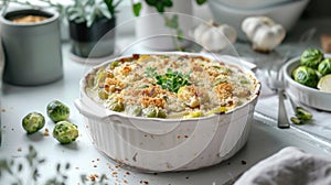 Brussels sprout gratin, showcasing the creamy sauce infused with garlic, topped with a crispy breadcrumb and cheese