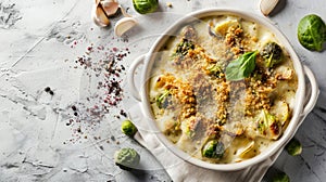 Brussels sprout gratin, showcasing the creamy sauce infused with garlic, topped with a crispy breadcrumb and cheese photo