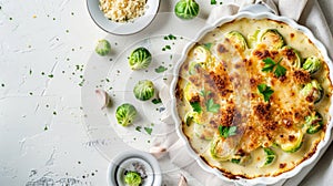 Brussels sprout gratin, showcasing the creamy sauce infused with garlic, topped with a crispy breadcrumb and cheese photo