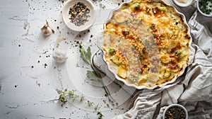 Brussels sprout gratin, showcasing the creamy sauce infused with garlic, topped with a crispy breadcrumb and cheese photo