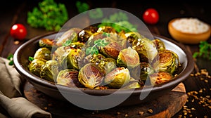 Brussels Sprouts in a bowl roasted with olive oil on dark wooden background. Vegetarian cuisine. Healthy vegetable side dish.