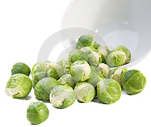 Brussels sprouts and plate on white background