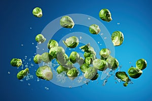 Brussels sprouts suspended in midair against a bright blue backdrop