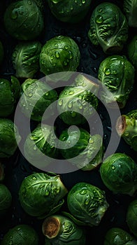 Brussels Sprouts Top View Background With Visible Drops Of Water - Generative AI