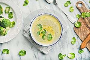 Brussels sprouts vegetable cream soup over grey marble background