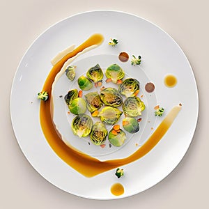 Brussels sprouts on a white plate with sauce. Vegetarian food. View from above. White background