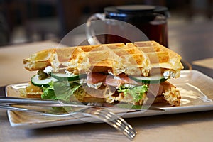 Brussels waffles with smoked salmon and salad