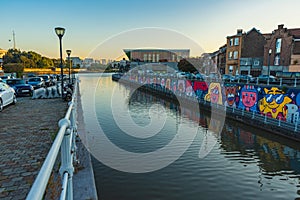 Brusselsâ€“Charleroi Canal in Brussels city at sunset, Brussels, Belgium