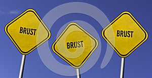 Brust - three yellow signs with blue sky background