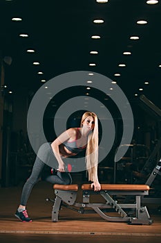 Brutal athletic woman pumping up muscles with dumbbells in gym