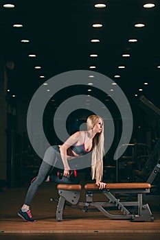 Brutal athletic woman pumping up muscles with dumbbells in gym