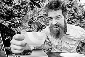 Brutal bearded hipster at coffee break. happy man with laptop. agile business. Business success. office worker