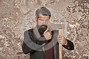 Brutal bearded man with axe. Debt collection is process of pursuing payments of debts owed by individuals or businesses