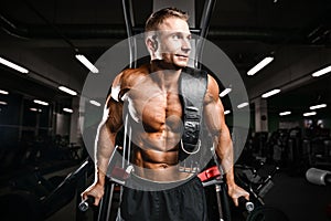 Brutal bodybuilder powerful training arms, pectorals and shoulde