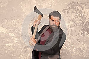 Brutal business. Man with axe. Bearded man hold axe. Cutting concept. Sharp blade. Brutality and masculinity. Brutal