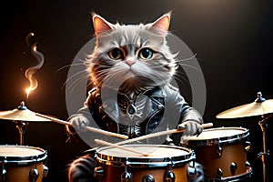 brutal cat in a leather jacket plays the drum