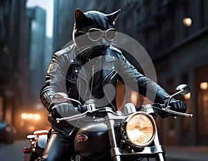 A brutal cat in sunglasses and a leather jacket rides a motorcycle on a black background. Generative AI.