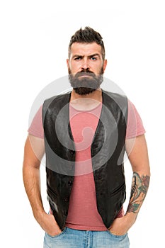 Brutal caucasian hipster with moustache. Bearded man. Hair and beard care. Facial care. Young and brutal. Male barber