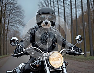 A brutal dog in sunglasses and a leather jacket rides a motorcycle outdoors. Generative AI.