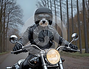 A brutal dog in sunglasses and a leather jacket rides a motorcycle outdoors. Generative AI. photo