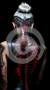 brutal female weared in leather and latex costume on black background, back view, studio shot, generative ai