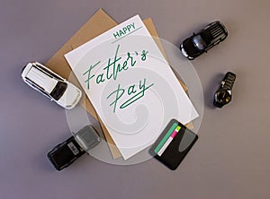 Brutal greeting card, banner with text- happy father`s day, on a gray background