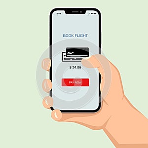 Brutal human hand holding smartphone with ticket application ui flat style illustration