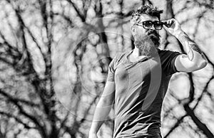 Brutal male with perfect style. Bearded man outdoor. Beard care and barbershop. male fashion and beauty. bearded man