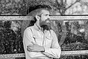 Brutal male with perfect style. Mature hipster with beard. male fashion and beauty. Bearded man outdoor. Beard care and