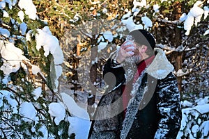 brutal man with beard washes his face with snow in forest. Person survives in difficult conditions, endurance and tempering.