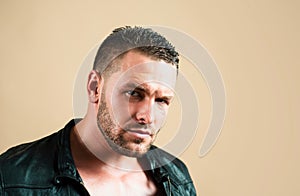 Brutal man, handsome serious male model. Close up portrait of guy with serious profile face. Closeup portrait of a young