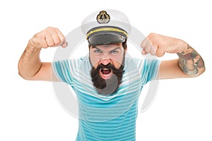 Brutal man in sailor hat. summer marine fashion style. male power and anger. travel and people concept. navy day