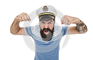 brutal man in sailor hat. summer marine fashion style. male power and anger. travel and people concept. navy day